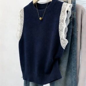 Navy Blue Sweater Vest with Lace Sleeves